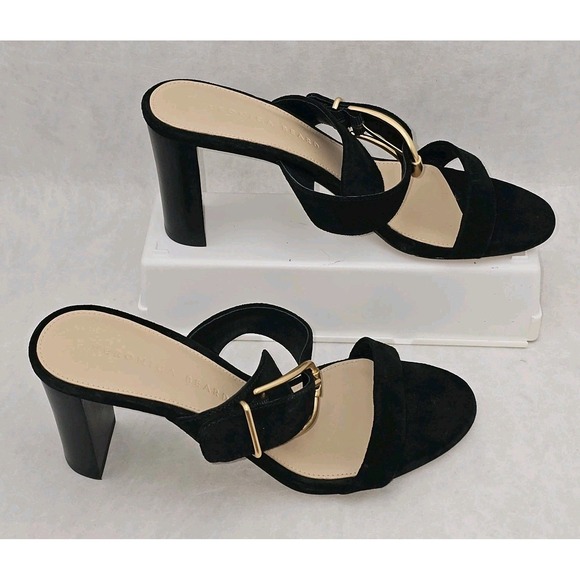 NWOB Veronica Beard Griddley Black Suede Buckle Block Heel Sandals Size 7 - Picture 7 of 11